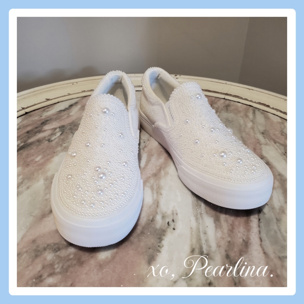 HAND CRAFTED White Pearl Bridal Slip On Sneakers Shoes - Picture 1 of 5
